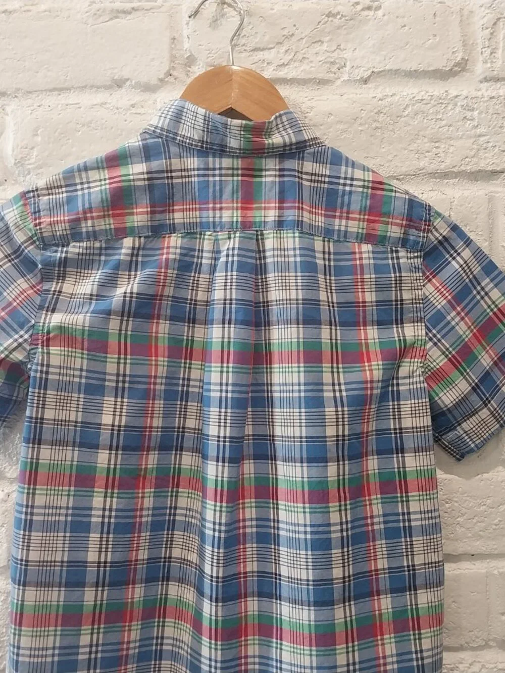 Ralph Lauren Button Up Shirt Boy 10-12 M Short Sleeve Blue Green Pink Plaid Pony